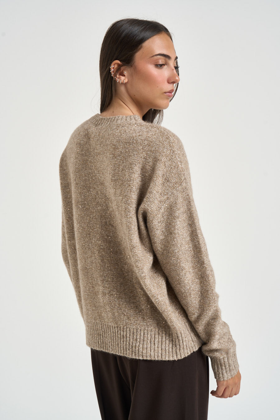 Maglia donna girocollo con micro paillettes beige 0002 FANGO ELEH 