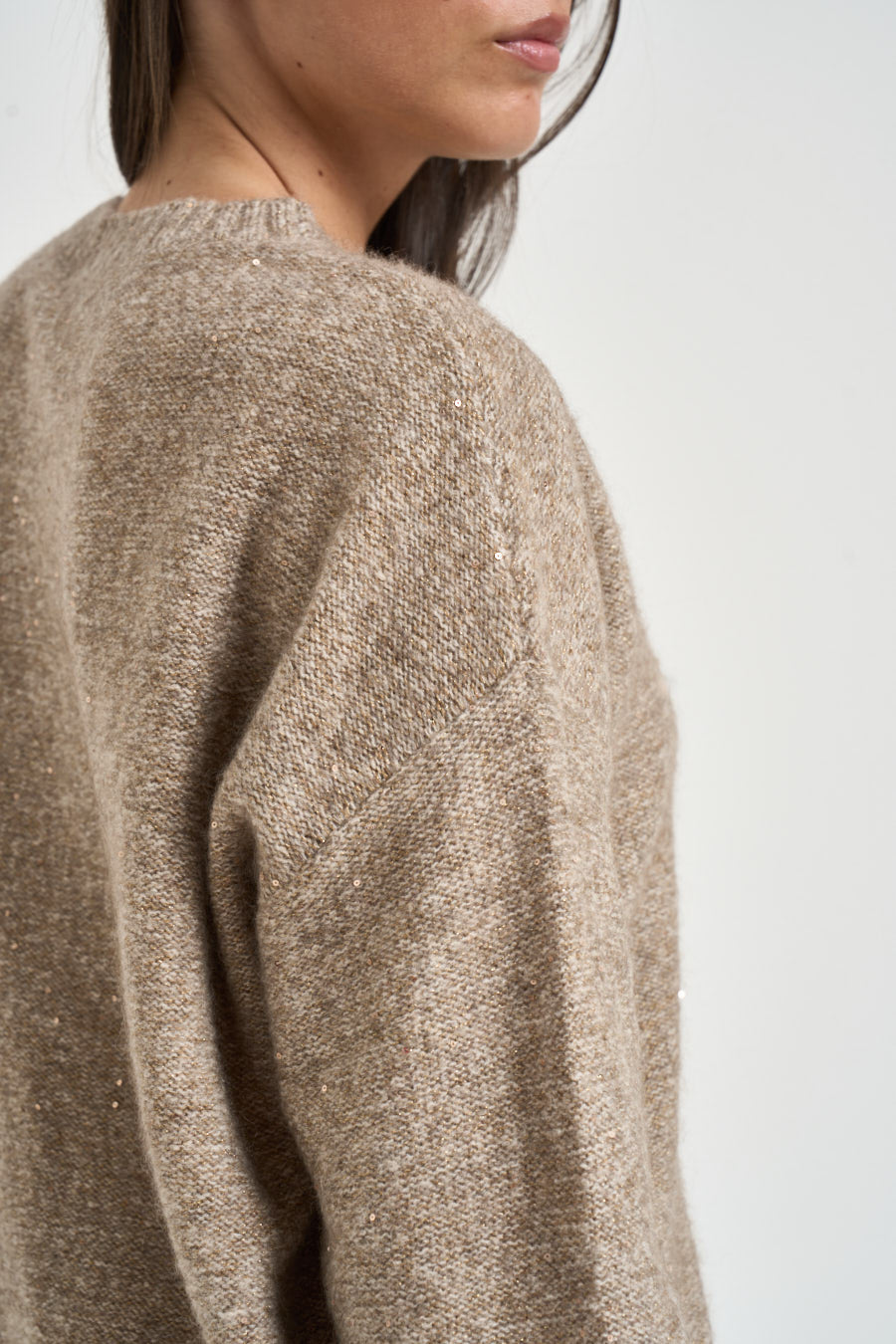 Maglia donna girocollo con micro paillettes beige 0002 FANGO ELEH 