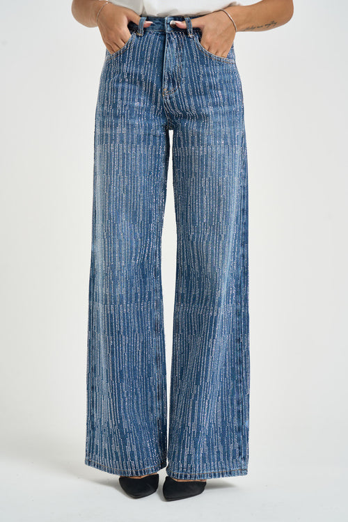 Jeans donna wide leg con strass blu - 1