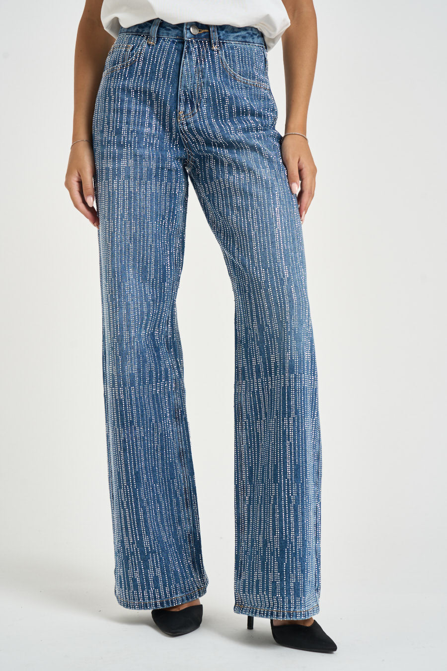 Jeans donna wide leg con strass blu 0005  ELEH 