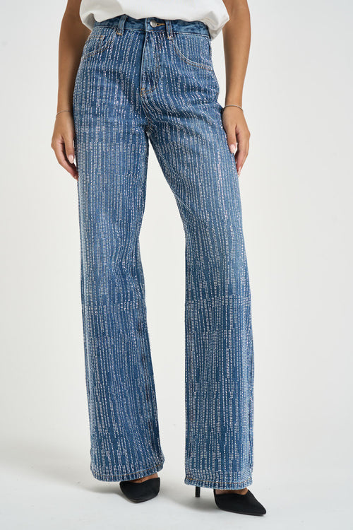 Jeans donna wide leg con strass blu - 2
