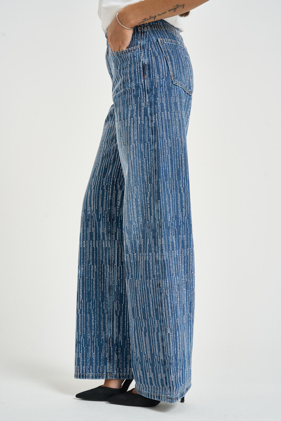 Jeans donna wide leg con strass blu 0005  ELEH 