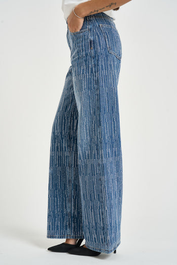 Jeans donna wide leg con strass blu - 3