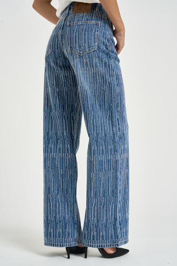 Jeans donna wide leg con strass blu - 4
