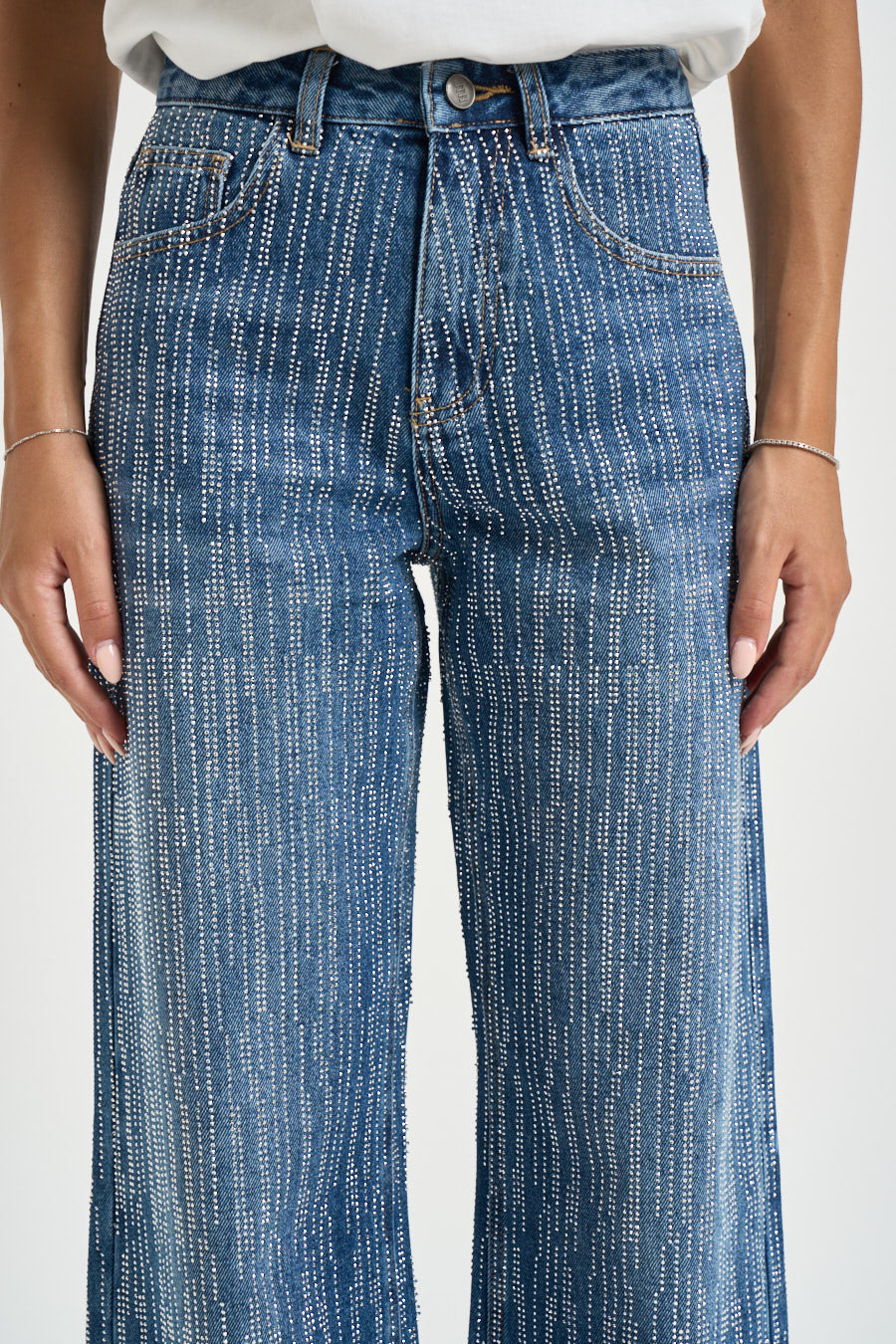 Jeans donna wide leg con strass blu 0005  ELEH 