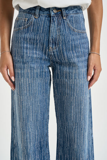 Jeans donna wide leg con strass blu - 5