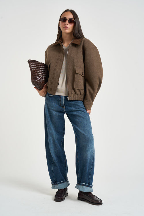 Bomber donna con collo in velluto marrone