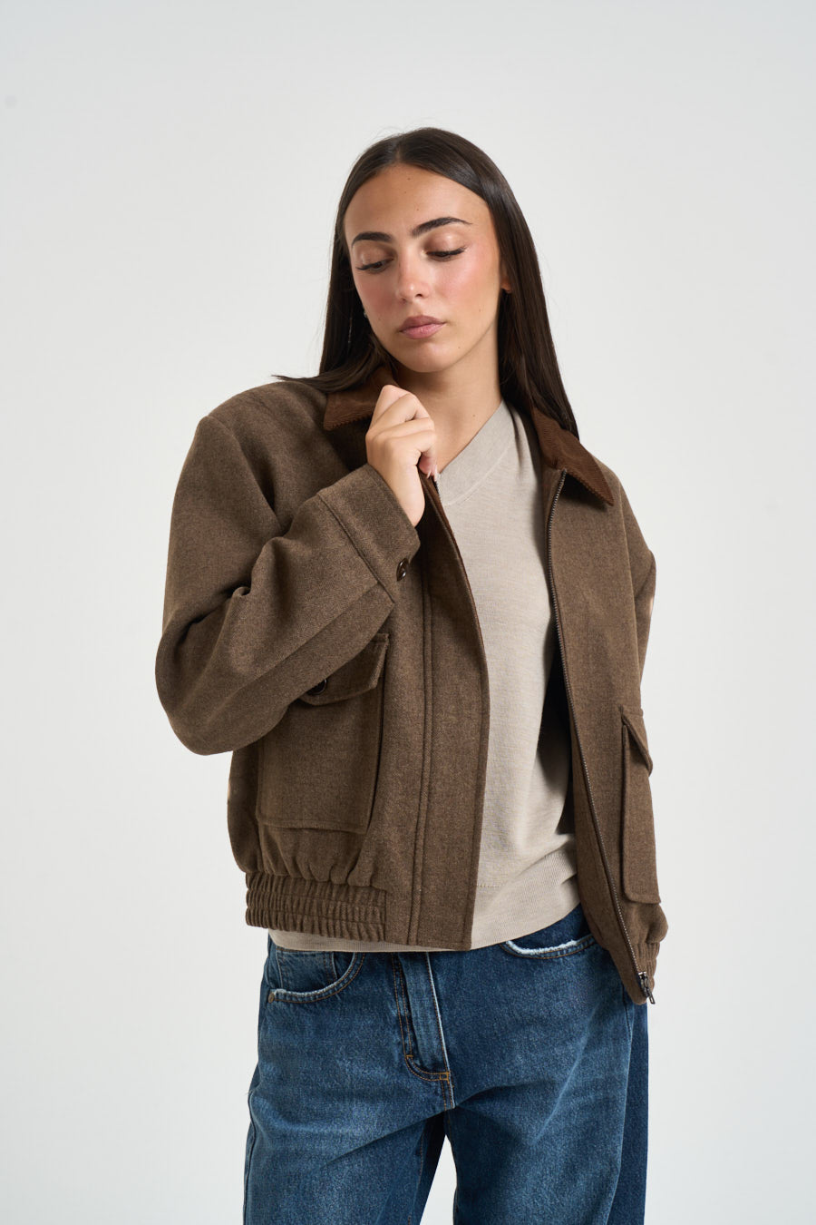 Bomber donna con collo in velluto marrone 0016 MARRONE ELEH 