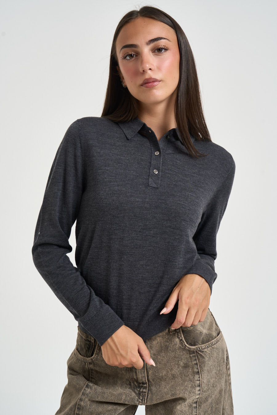 Polo donna in maglia grigio antracite 0024 GRIGIO ELEH 