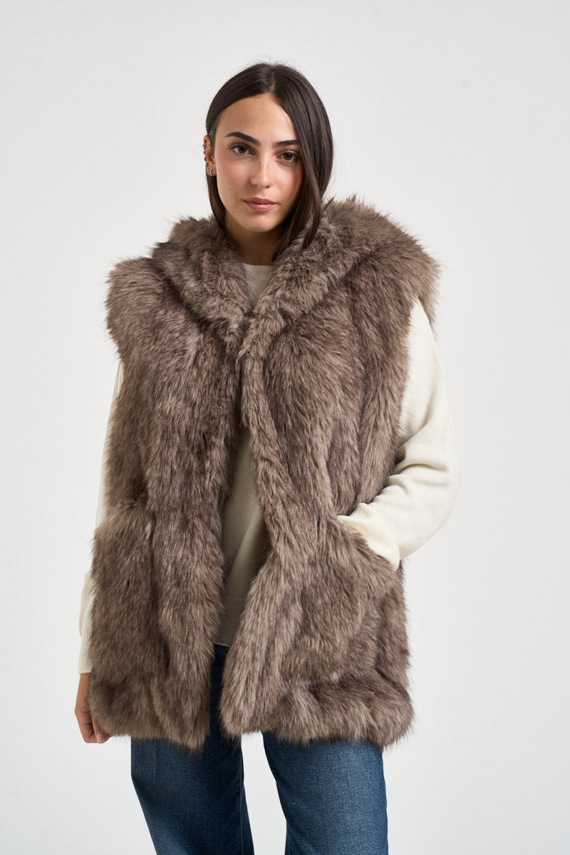Gilet donna midi con cappuccio tortora 0130 GRIGIO ELEH 
