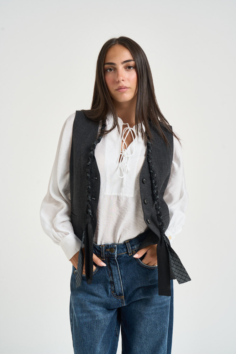 Gilet donna con lacci intrecciati grigio 0195 GRIGIO ELEH 