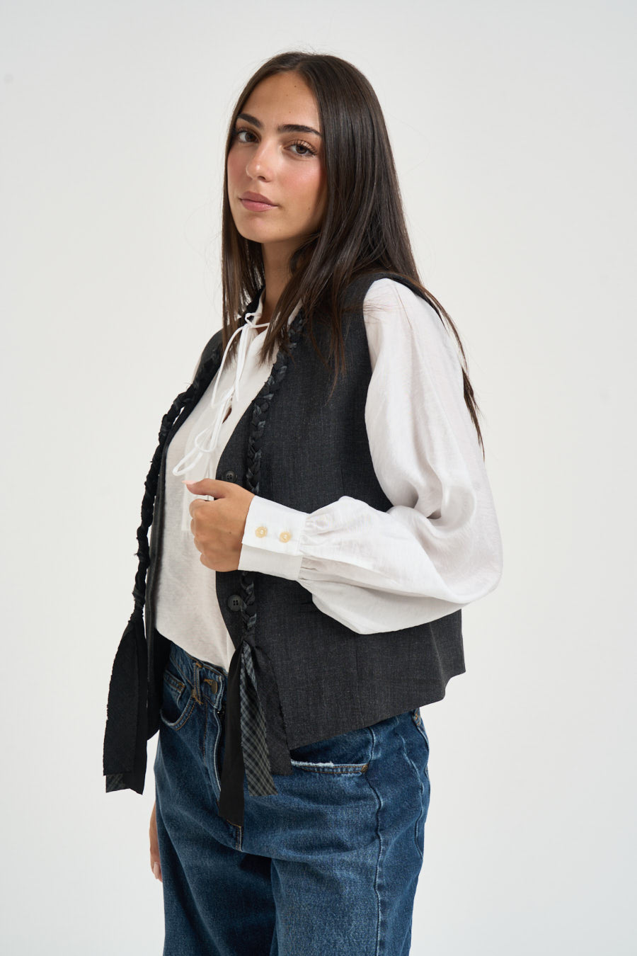 Gilet donna con lacci intrecciati grigio 0195 GRIGIO ELEH 