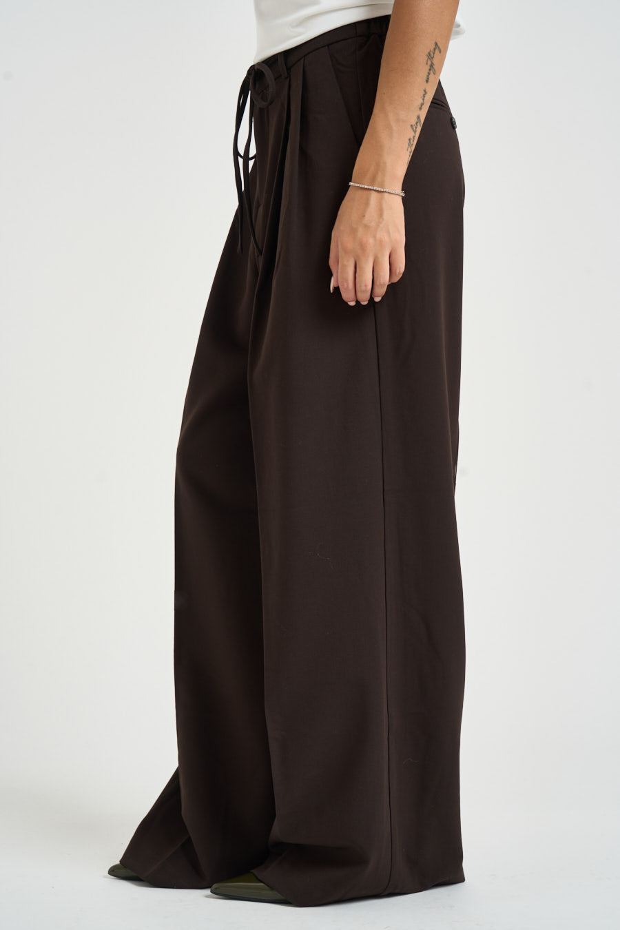 Pantalone donna palazzo con laccio in vita marrone ARDOISE CHOCOLAT GRACE AND MILA 
