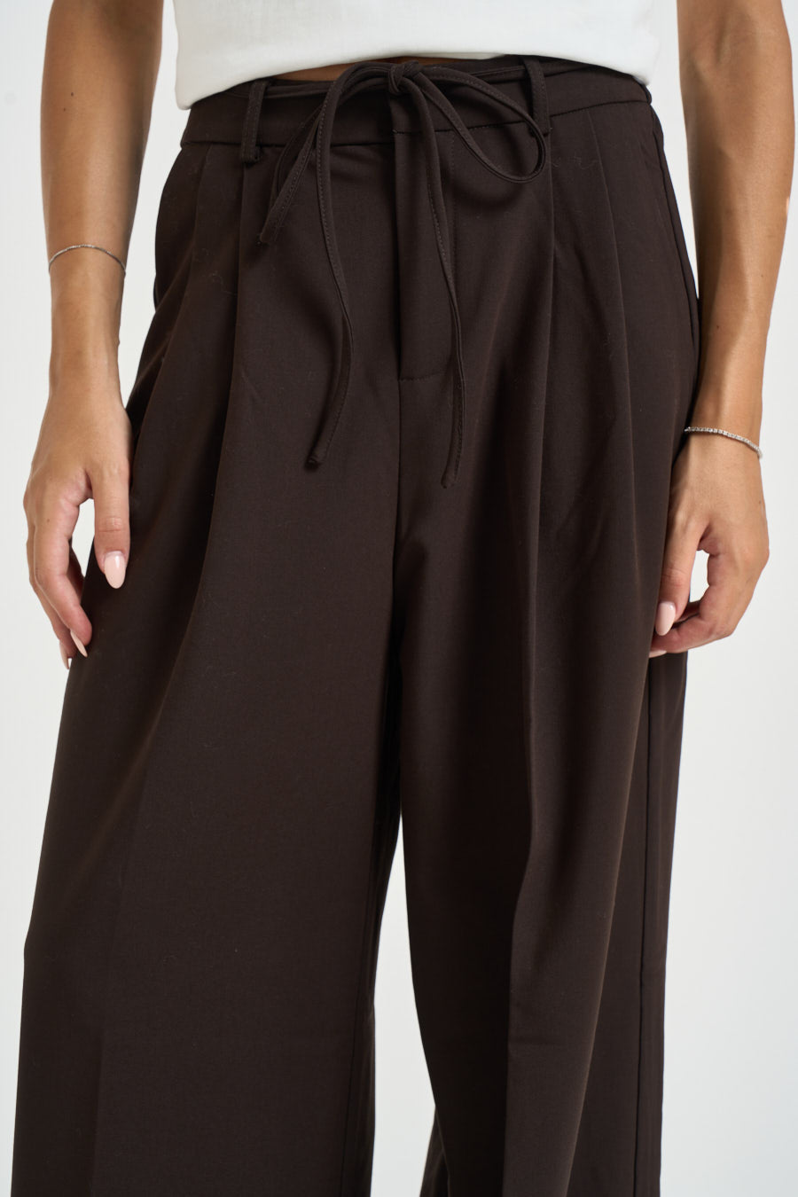 Pantalone donna palazzo con laccio in vita marrone ARDOISE CHOCOLAT GRACE AND MILA 