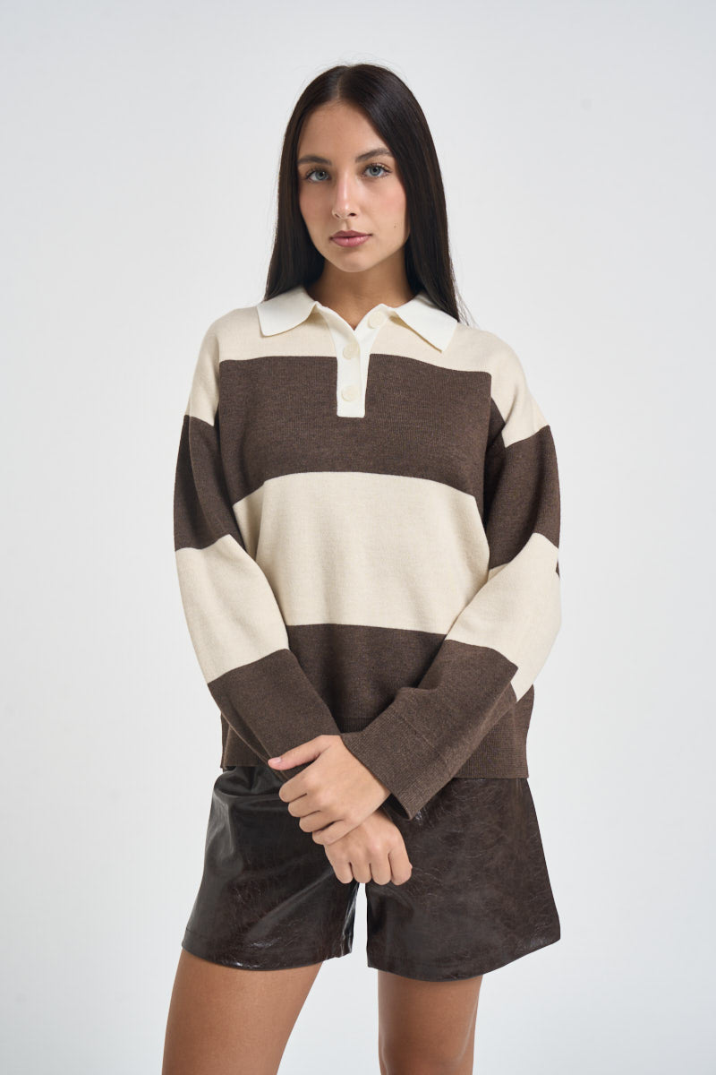 Maglia donna polo in maglia marrone e panna. ASTRE SABLE GRACE AND MILA 