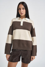 Maglia donna polo in maglia marrone e panna. ASTRE SABLE GRACE AND MILA 