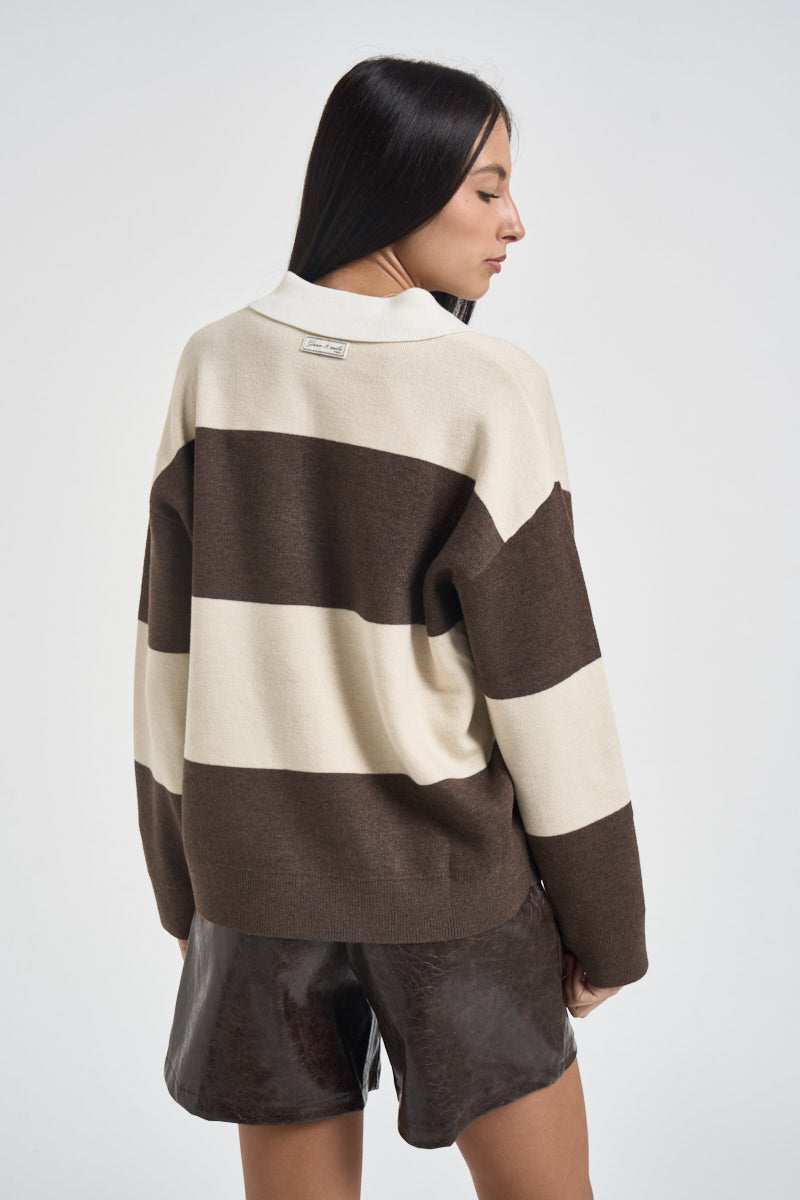 Maglia donna polo in maglia marrone e panna. ASTRE SABLE GRACE AND MILA 