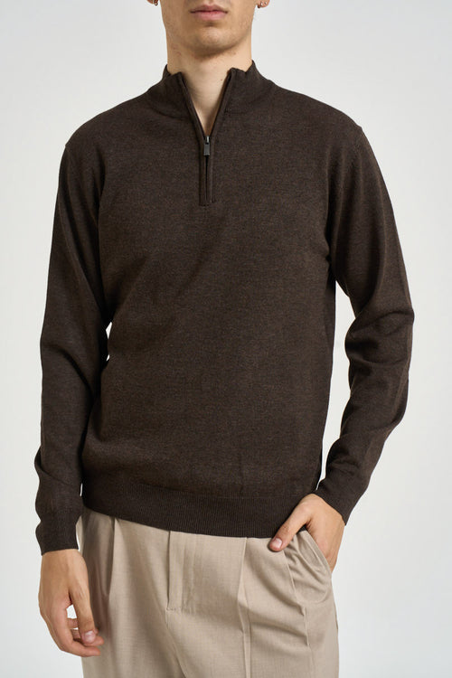 Maglia uomo a mezza zip marrone - 1