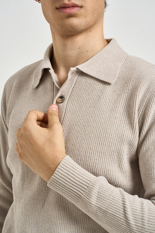 Polo uomo in maglia a coste beige - 2