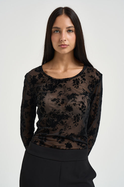 Maglia donna nera in tulle semitrasparente