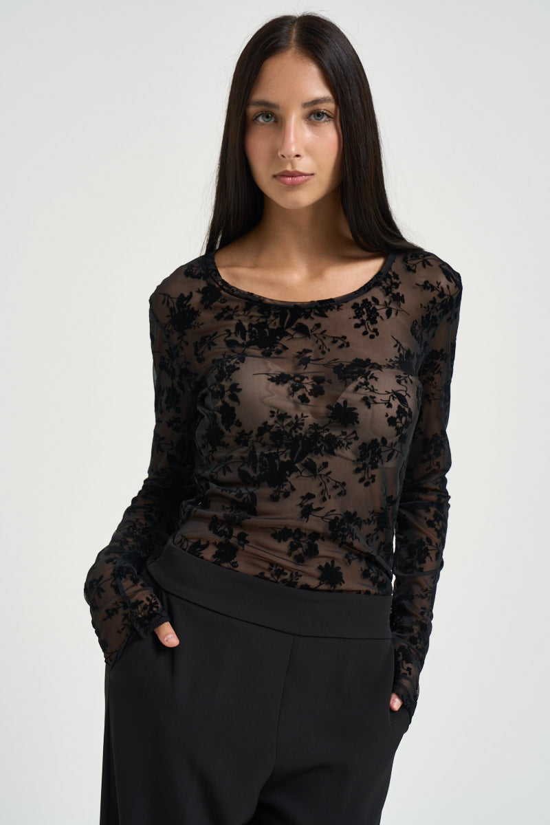 Maglia donna nera in tulle semitrasparente TAD9MDJ NERO IMPERIAL 