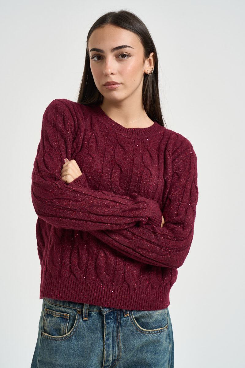 Maglia donna girocollo con paillettes bordeaux DGF7040 BORDEAUX INCLOTH 