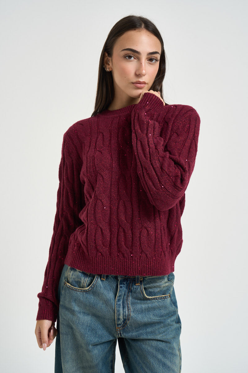 Maglia donna girocollo con paillettes bordeaux DGF7040 BORDEAUX INCLOTH 