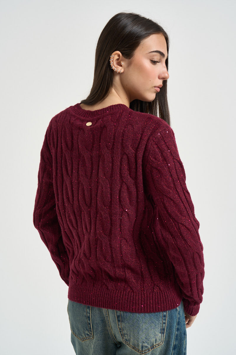 Maglia donna girocollo con paillettes bordeaux DGF7040 BORDEAUX INCLOTH 
