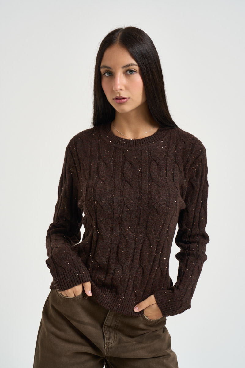 Maglia donna girocollo con paillettes moro DGF7040 MORO INCLOTH 