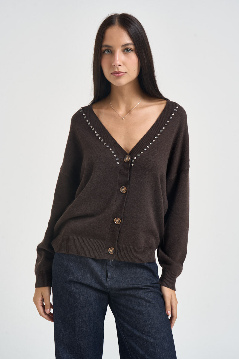 Cardigan donna con strass marrone 06J7988 CHOCOLATE INFLUENCER 