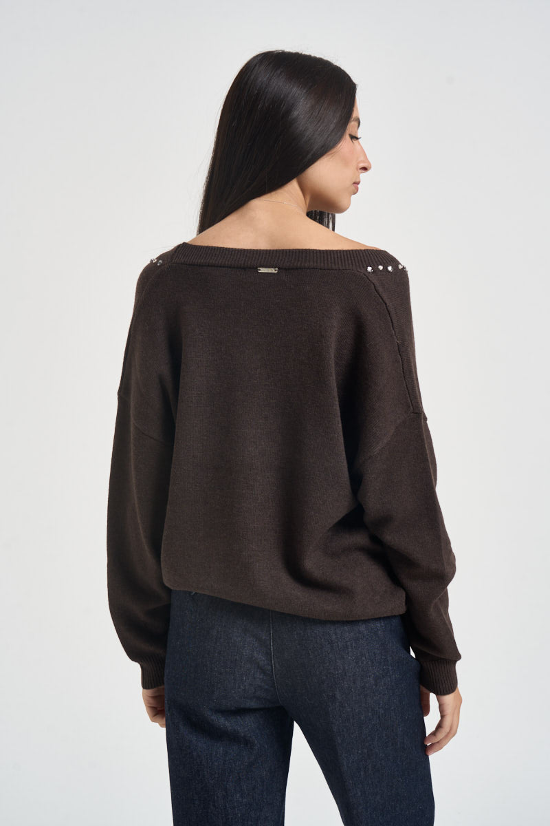 Cardigan donna con strass marrone 06J7988 CHOCOLATE INFLUENCER 