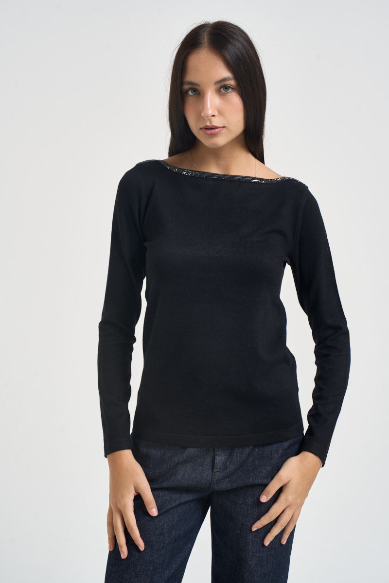 Maglia donna girocollo con strass nera 06J8011 BLACK INFLUENCER 