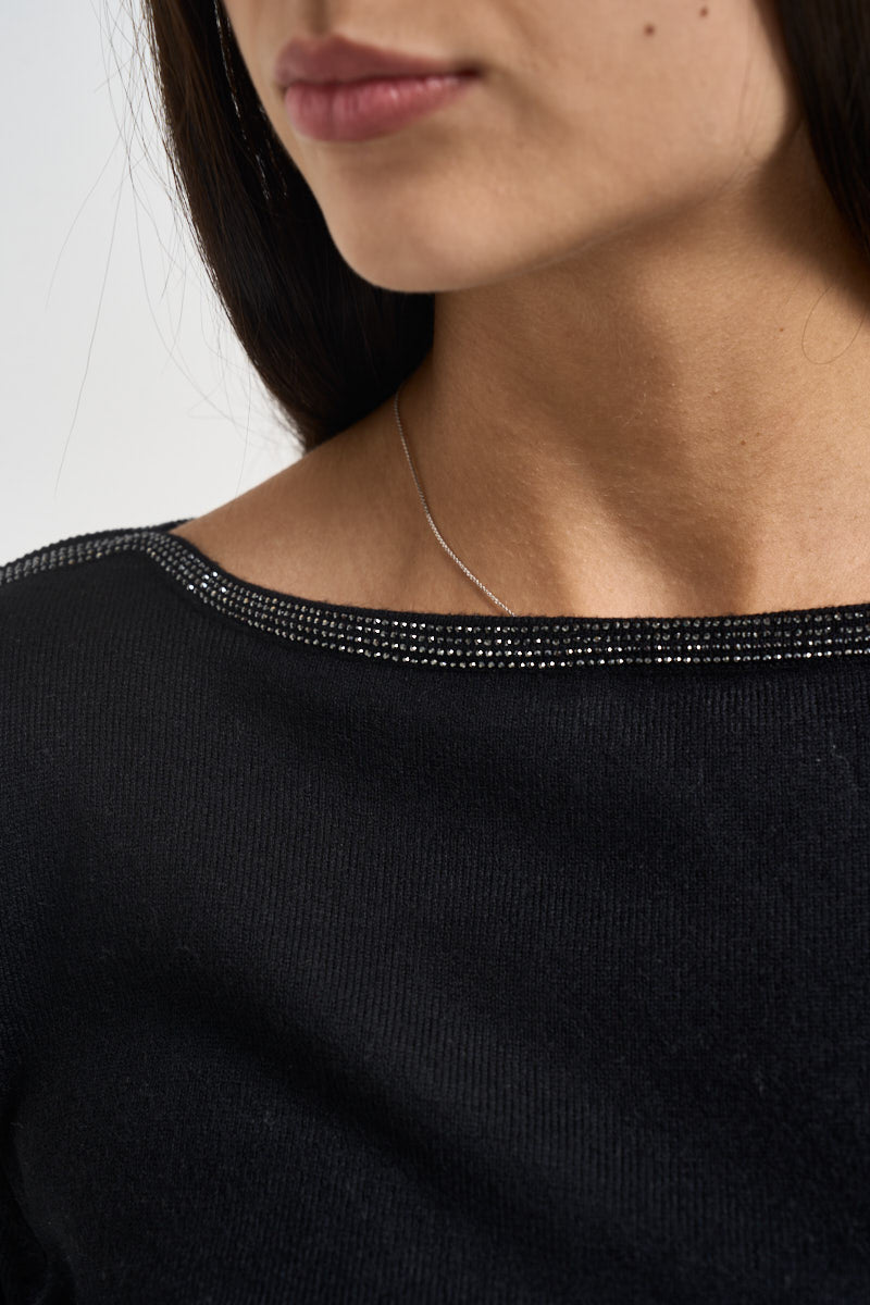 Maglia donna girocollo con strass nera 06J8011 BLACK INFLUENCER 