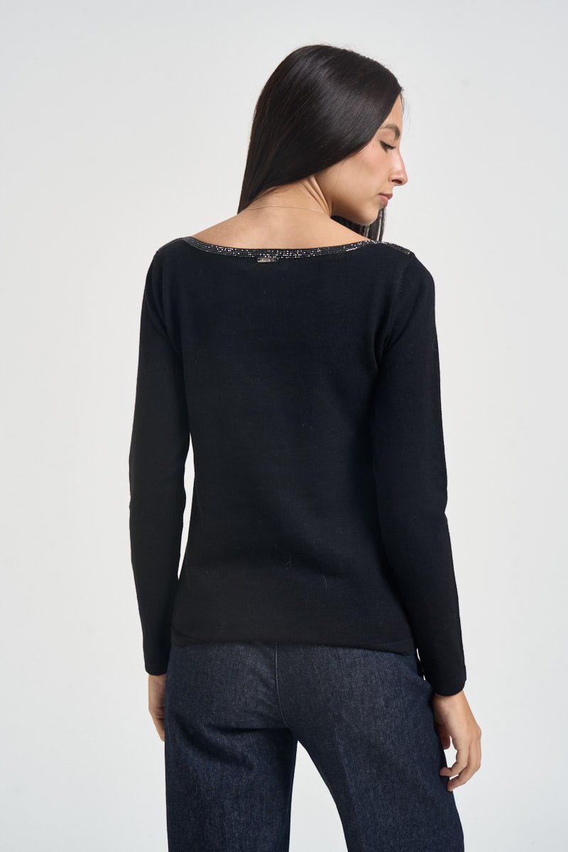 Maglia donna girocollo con strass nera 06J8011 BLACK INFLUENCER 
