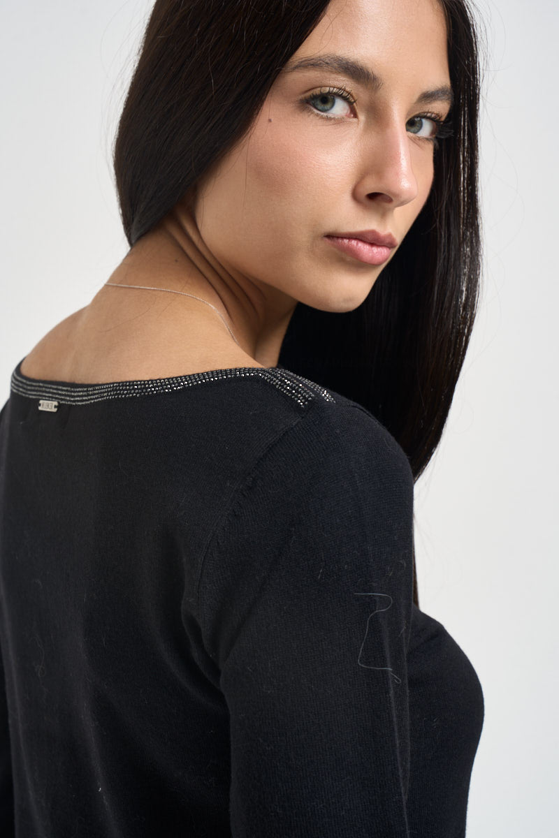 Maglia donna girocollo con strass nera 06J8011 BLACK INFLUENCER 