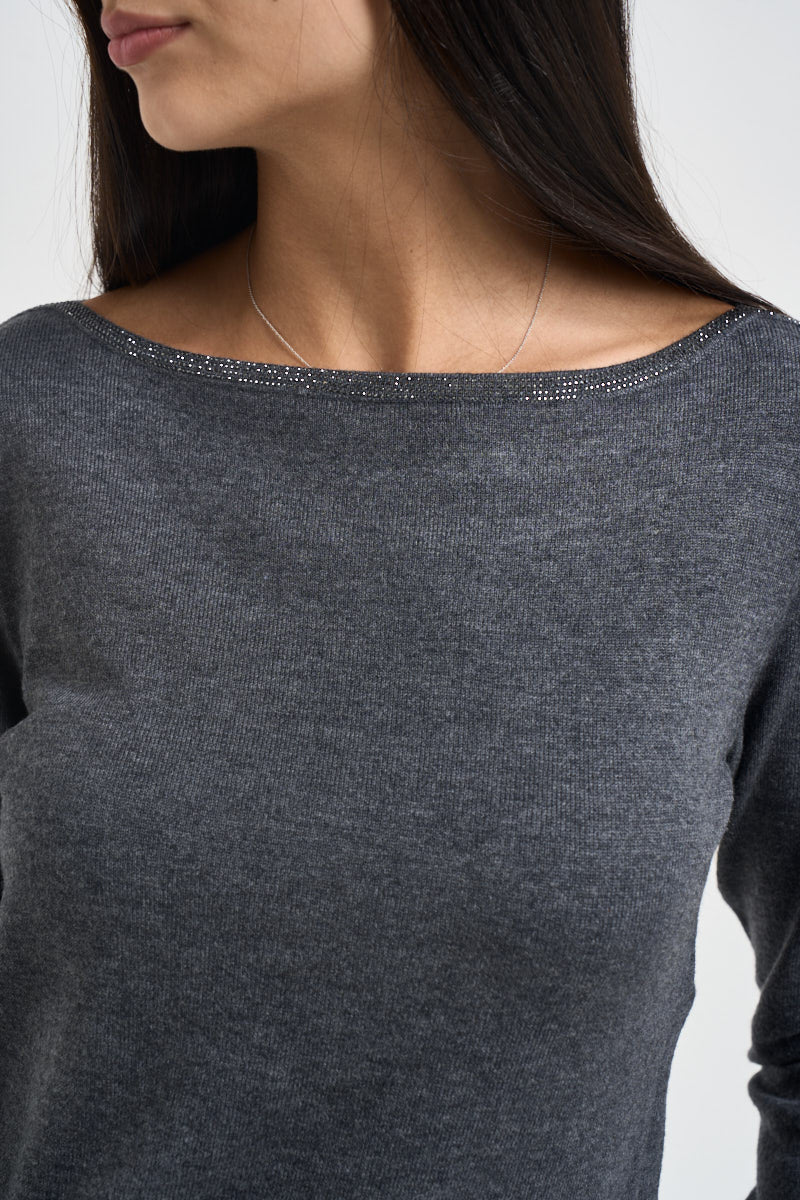 Maglia donna girocollo con strass grigia 06J8011 SMOKE INFLUENCER 