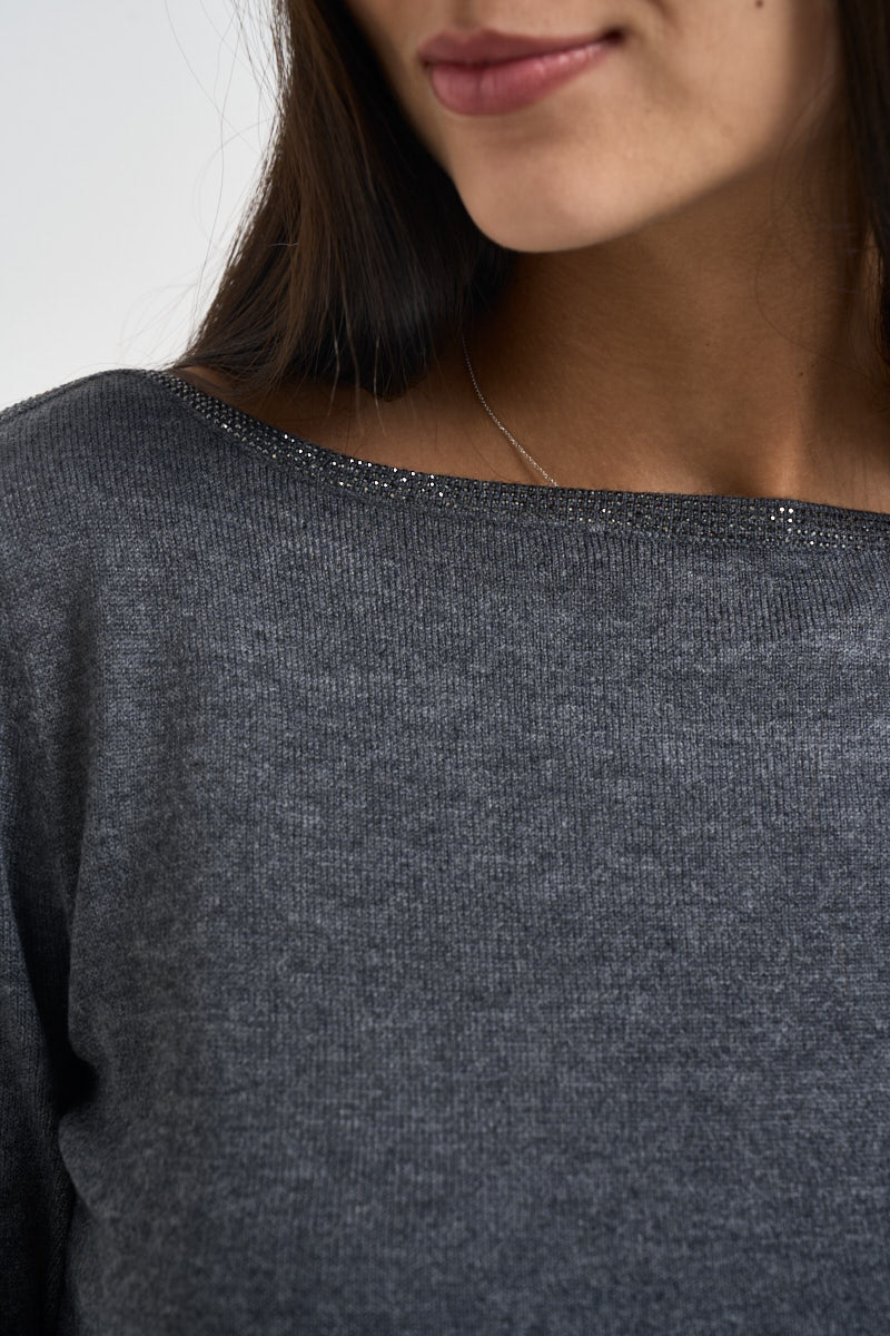 Maglia donna girocollo con strass grigia 06J8011 SMOKE INFLUENCER 