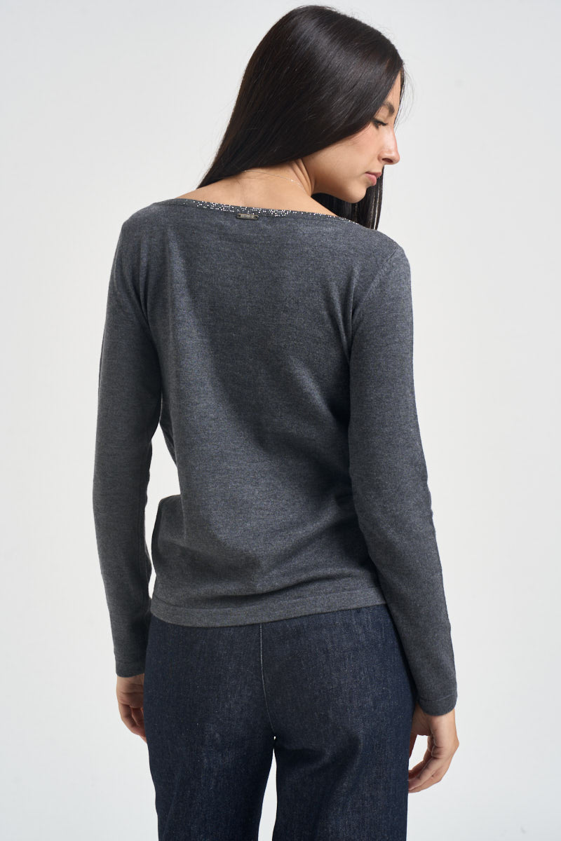 Maglia donna girocollo con strass grigia 06J8011 SMOKE INFLUENCER 