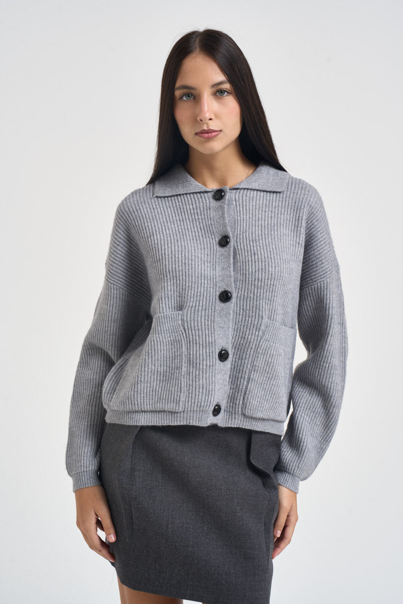 Cardigan donna a coste con bottoni grigio 06Q10516 GREY INFLUENCER 