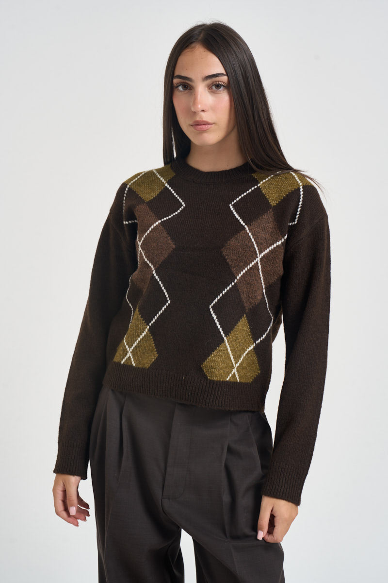 Maglia donna a rombi marrone e verde oliva 12281930 DEMITASSE JJXX 