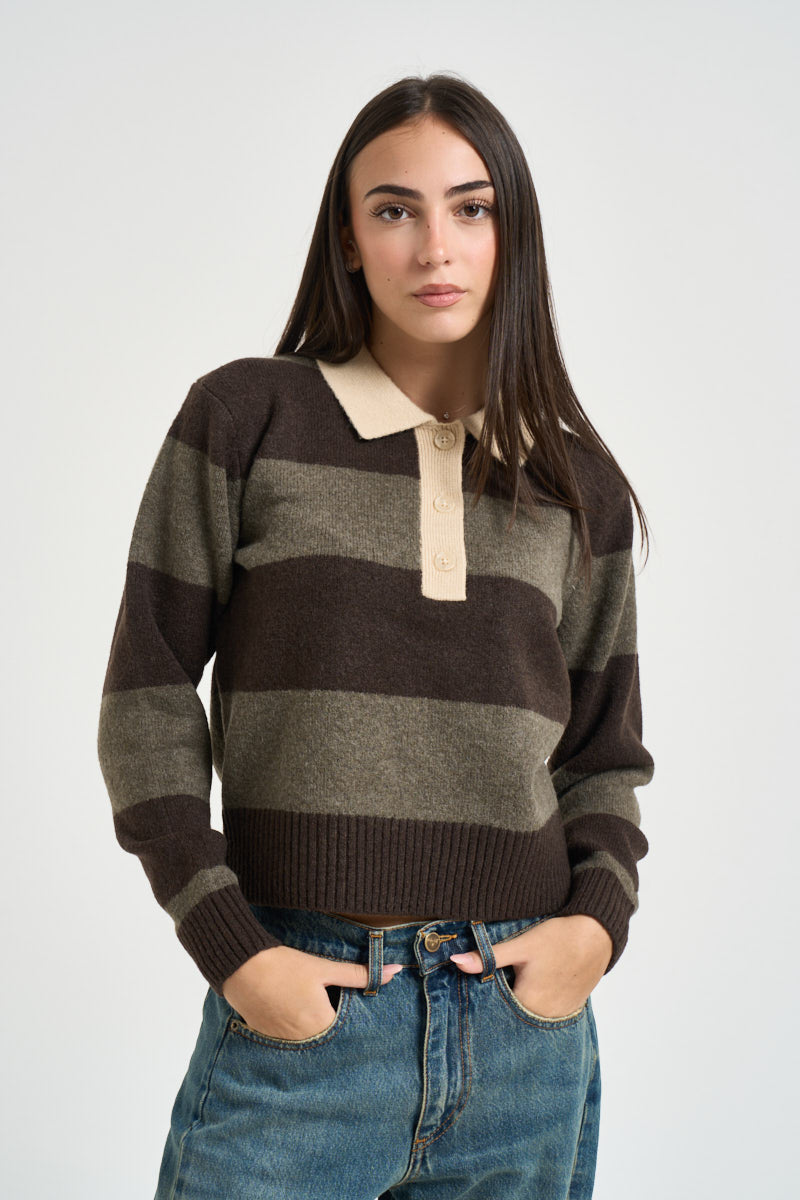 Maglia donna polo a righe marrone 12298904 SEAL BROWN JJXX 
