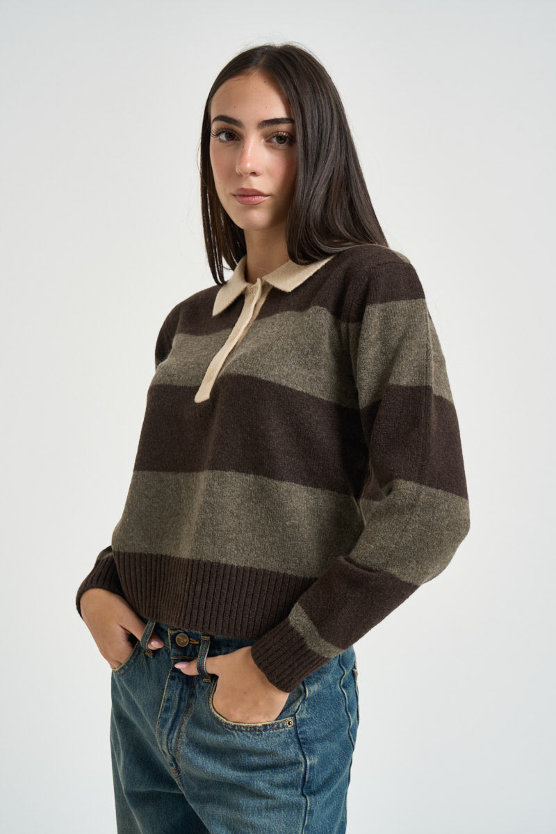 Maglia donna polo a righe marrone 12298904 SEAL BROWN JJXX 