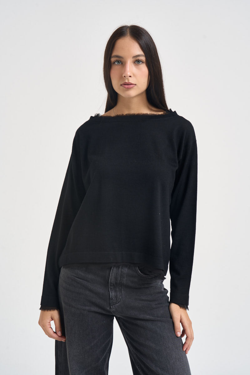 Maglia donna collo sfrangiato nera SI1NT009 0001 KAOS 