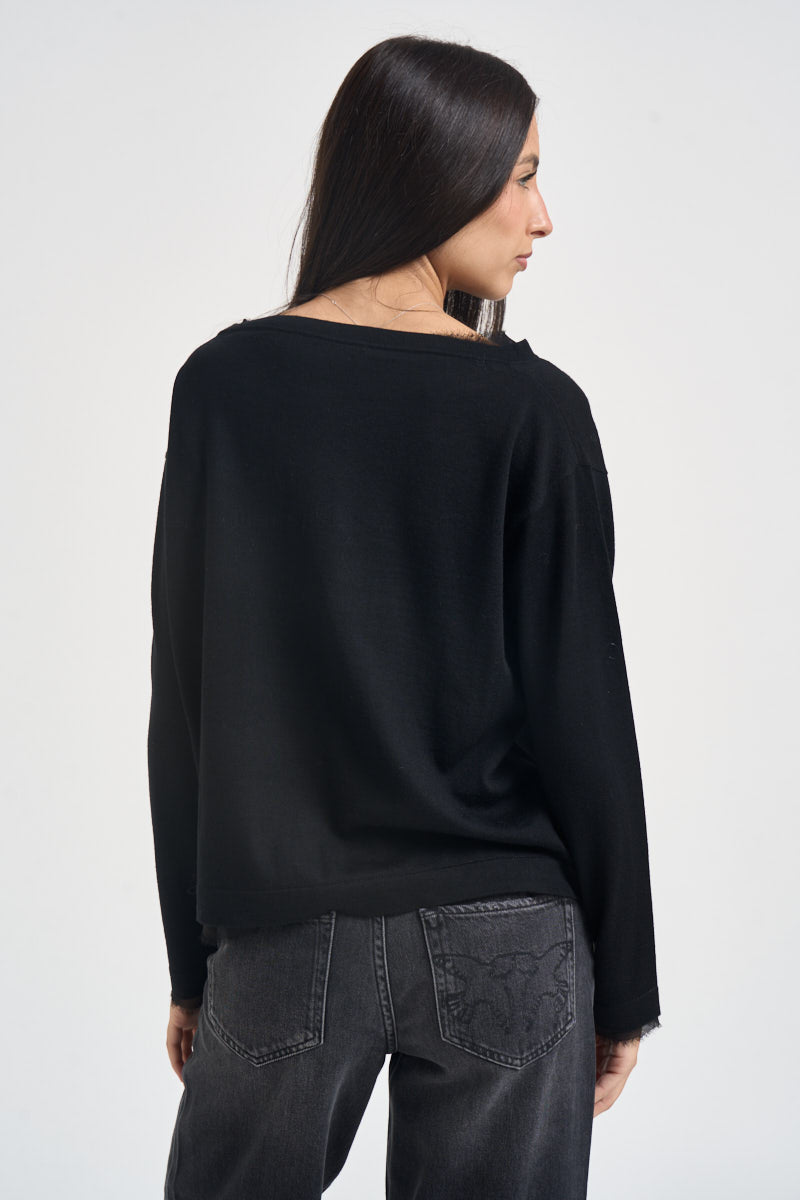 Maglia donna collo sfrangiato nera SI1NT009 0001 KAOS 