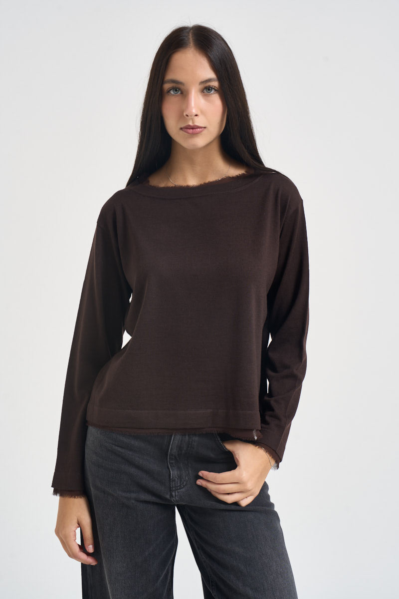 Maglia donna collo sfrangiato marrone SI1NT009 6028 KAOS 