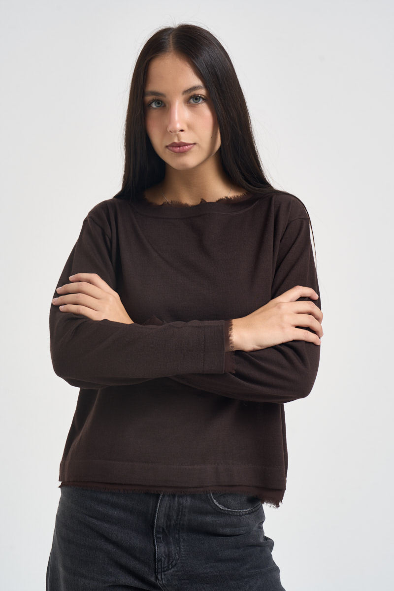 Maglia donna collo sfrangiato marrone SI1NT009 6028 KAOS 