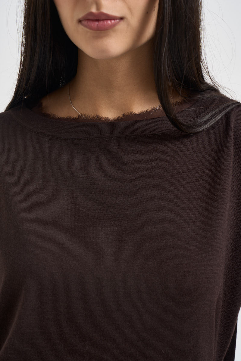 Maglia donna collo sfrangiato marrone SI1NT009 6028 KAOS 