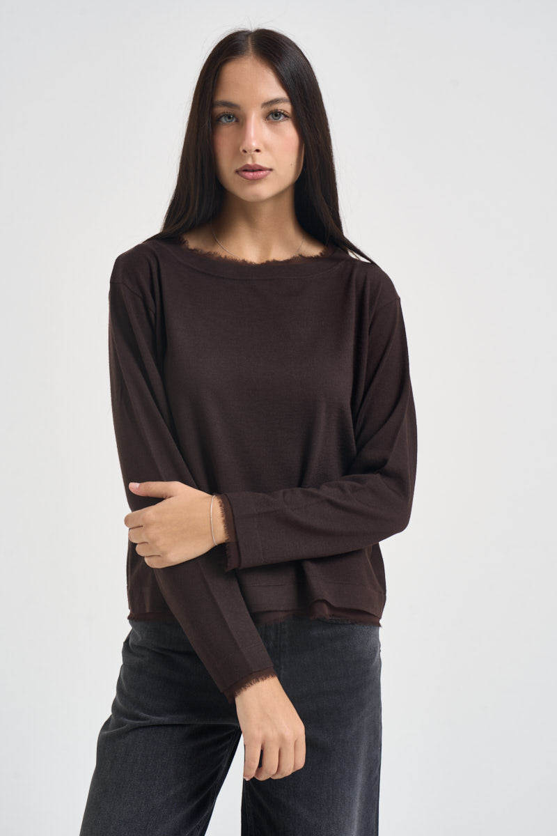 Maglia donna collo sfrangiato marrone SI1NT009 6028 KAOS 