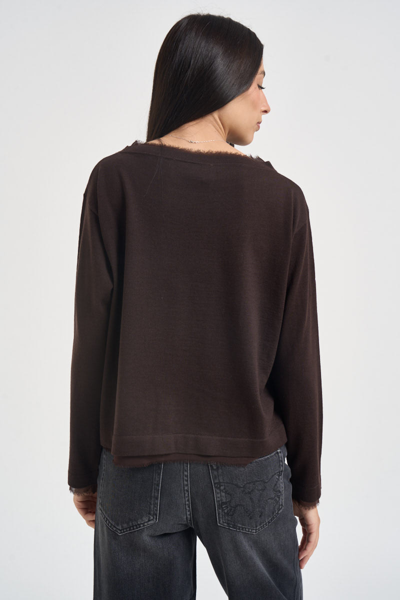 Maglia donna collo sfrangiato marrone SI1NT009 6028 KAOS 