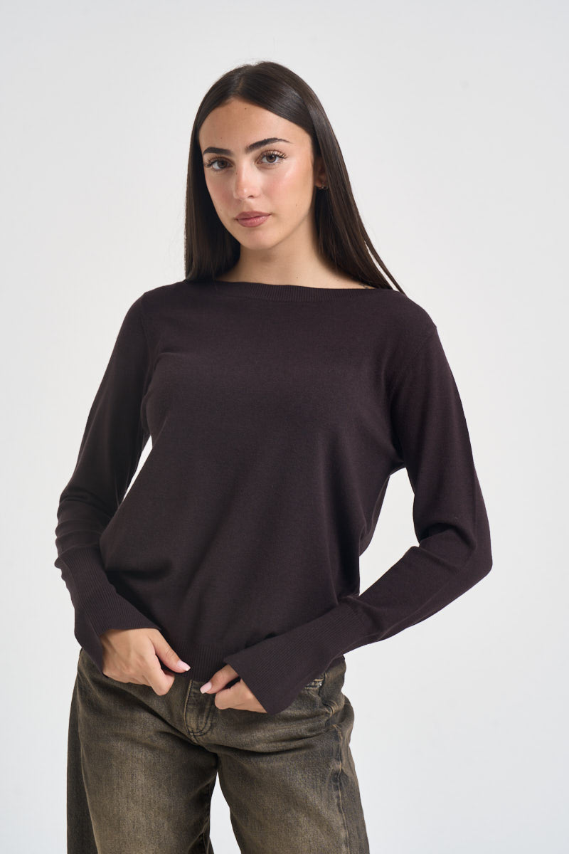 Maglia donna con scollo a barca marrone scuro SI1NT043 6028 KAOS 